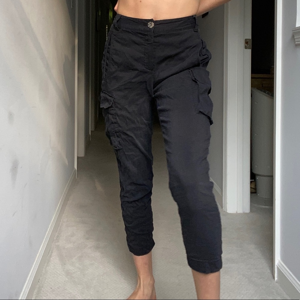 Theory Black Linen Cargo Pants